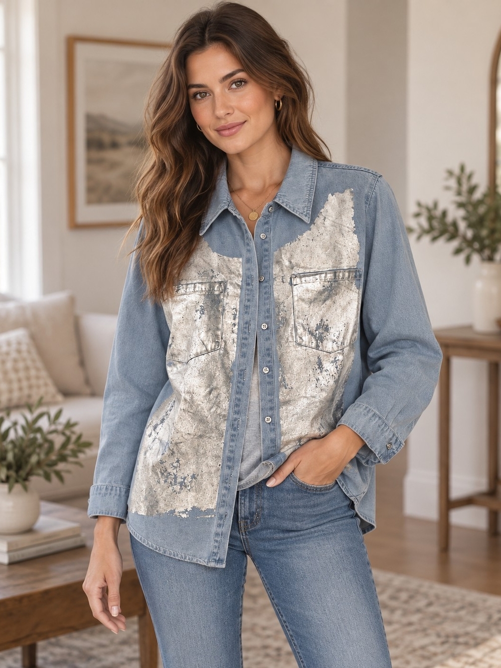 Denim Button-Up Shirt with Silver Foil Front - Women's Blue Top